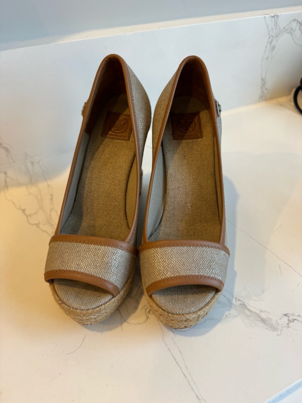 Tory Burch Natural Canvas Espadrille Wedge with Tan Trim- Size 6 - Picture 2 of 6
